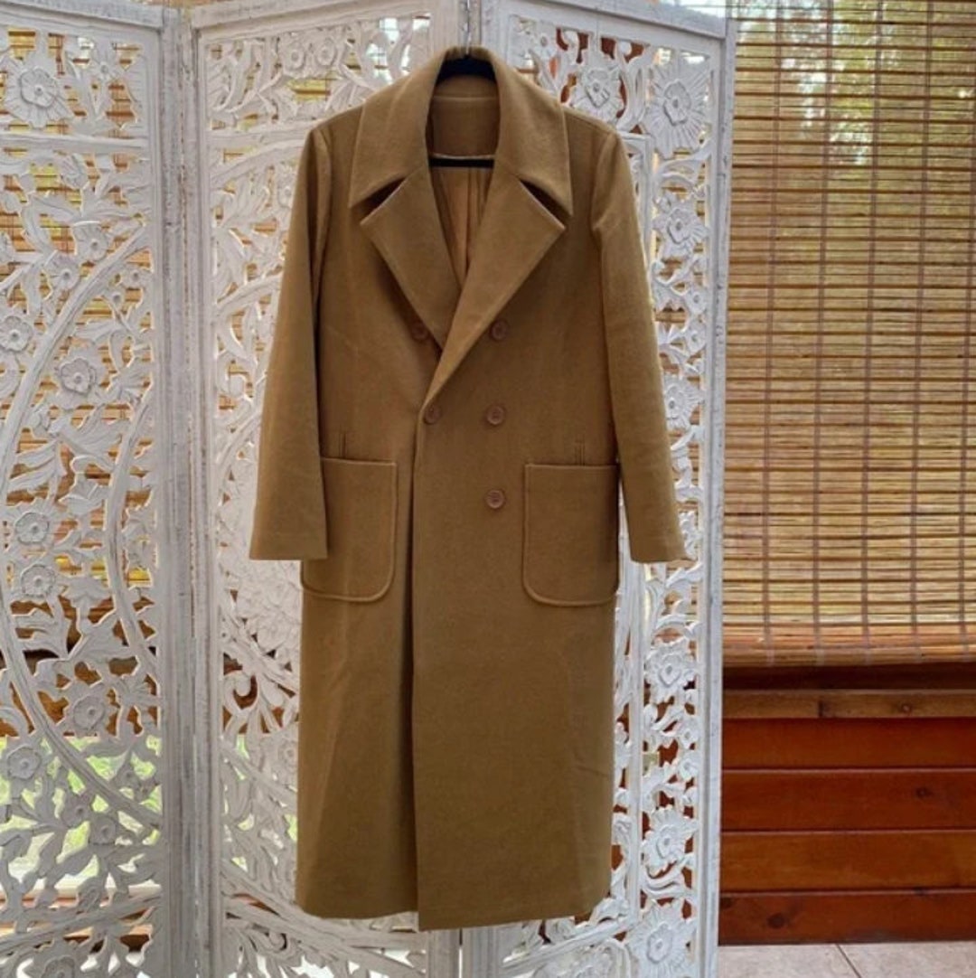 Sleek Stylish Professional Mustard Wool Long Pea-coat Camel Tan Vintage ...