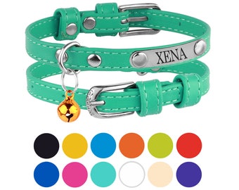 Leather Cat Collar Personalized Kitten Collars with Bell Engraved ID Pet Tag Optional Pink Red Blue Purple Orange