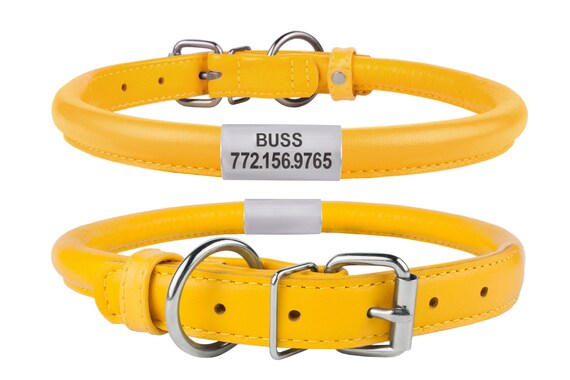 Rolled Round Leather Dog Choke Collar Round SOFT Padded FREE ID TAG BLACK