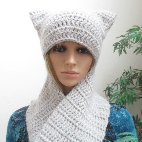 Crochet Cat Ears Hat and Scarf, Cat Ear Scoodie, Kitty Cat Scoodie