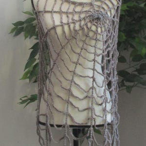 Crochet Spiderweb Poncho Cape: Taupe Sparkle Shawl with Spider Clip