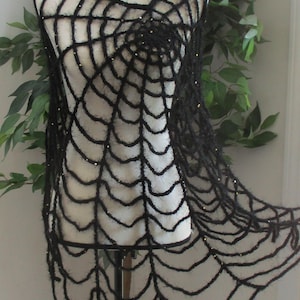 Crochet Spiderweb Poncho Cape: Black Acrylic Shawl with Gold Sequins