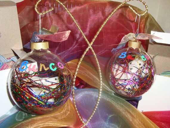 Bunco ornaments with soft dice & tinsel inside-2 sizes, 3 tinsel colors with matching ribbon, boxed with matching tissue paper