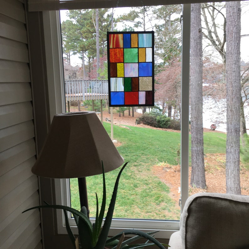 Stained Glass Window Panel, Rainbow Colored Glass Squares & Rectangles