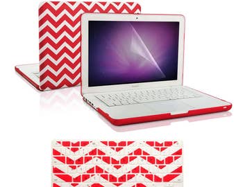 3 in 1 Chevron Series Red Hard Case Cover and Keyboard Cover with Screen Protector for Macbook White 13" Model A1342