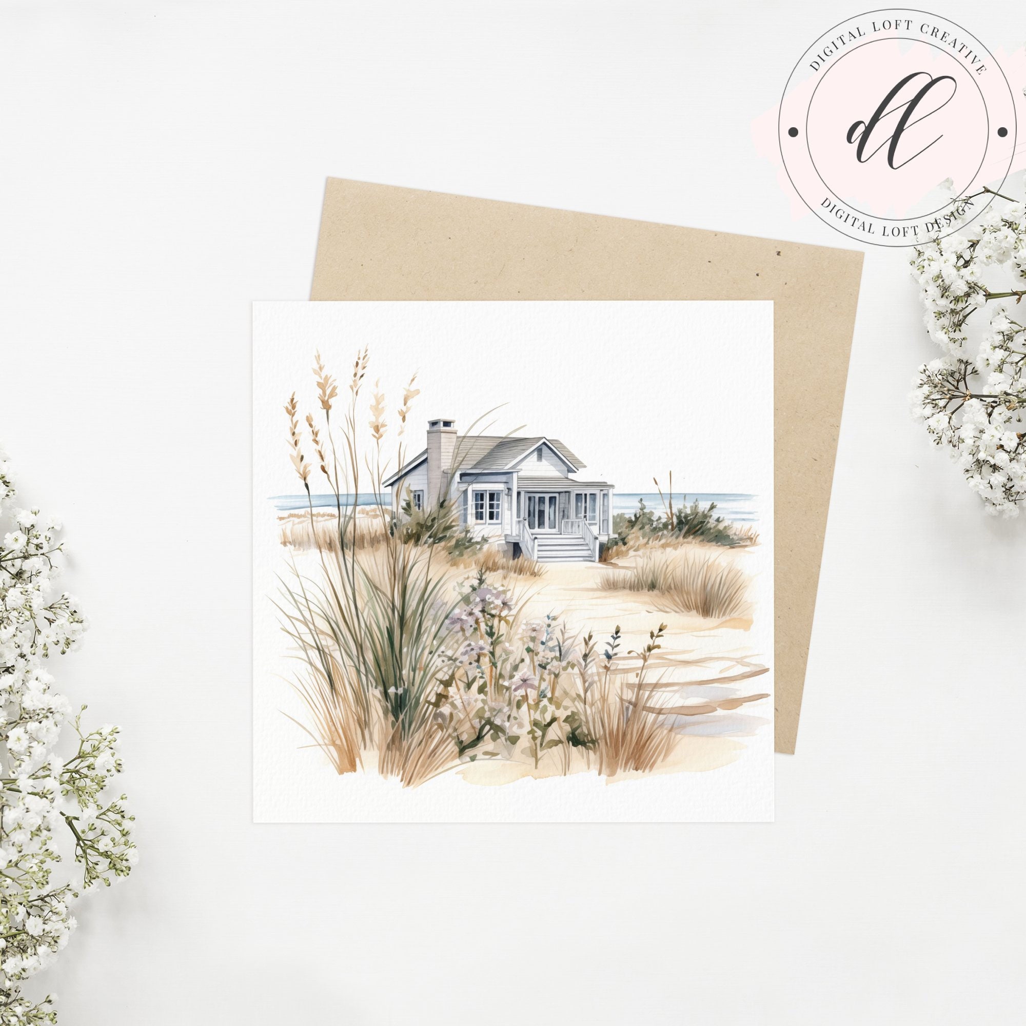 Coastal Beach House Watercolor JPG Digital Art Print Printable Wall Art ...