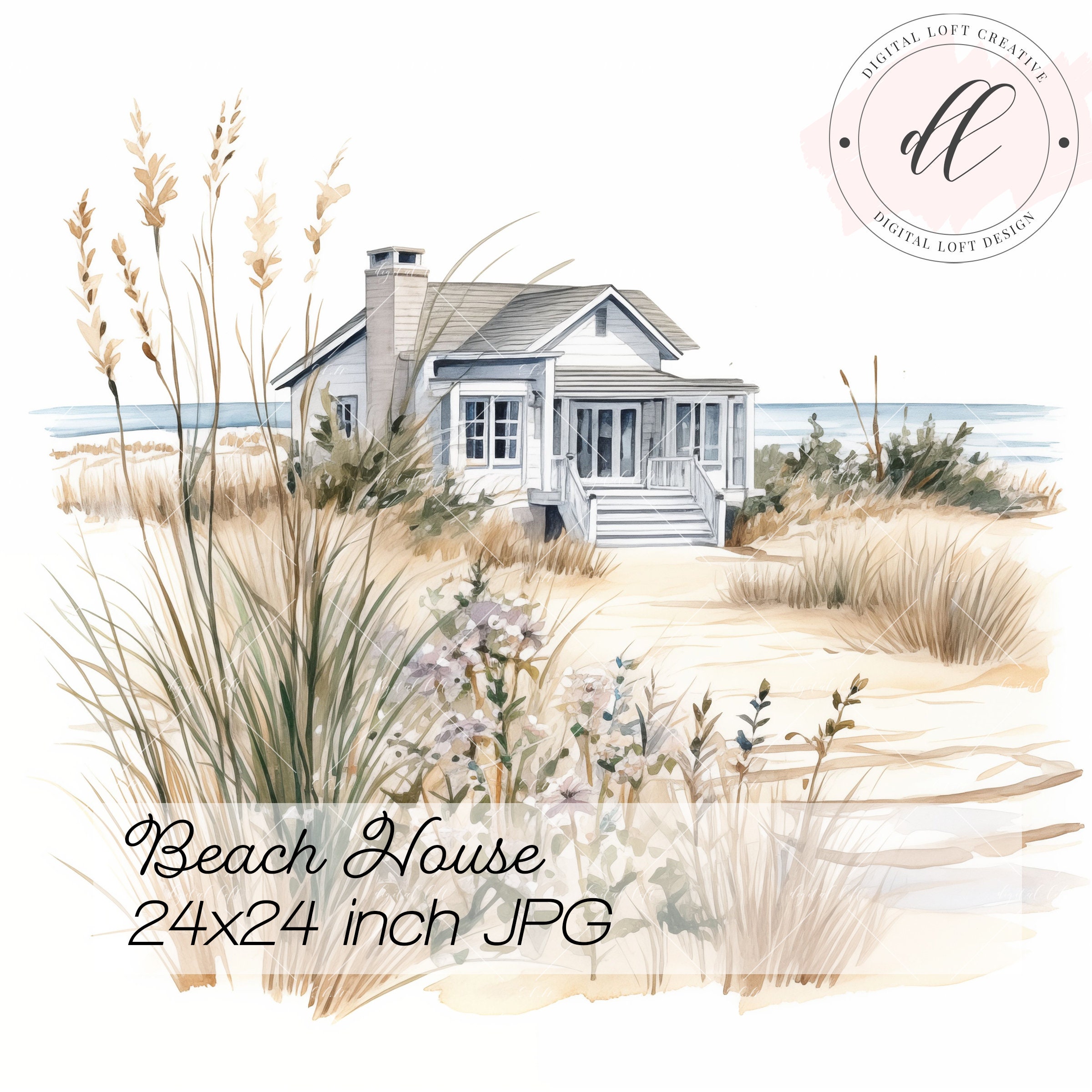 Coastal Beach House Watercolor JPG Digital Art Print Printable Wall Art ...