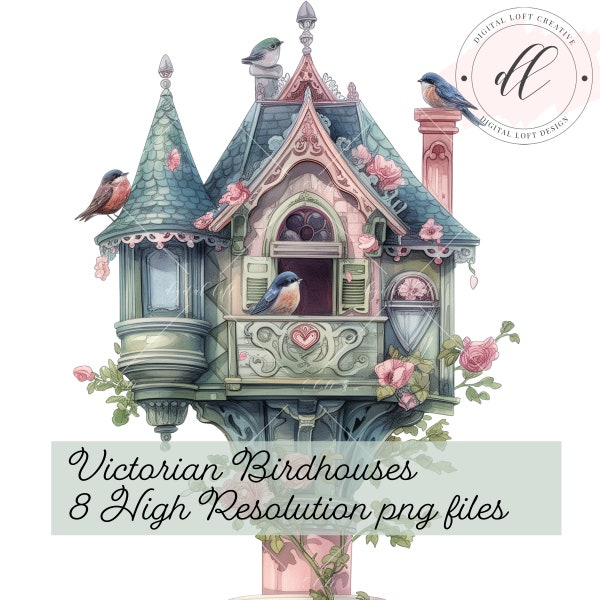 Vintage Victorian Birdhouses Watercolor Clipart Nursery Decor PNG Bundle Transparent Stationery Clipart Scrapbooking Clipart Commercial Use