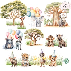 Safari Friends Watercolor African Animals Clipart Bundle Grasses and Trees Transparent PNG Files Instant Download Nursery Images Scrapbook