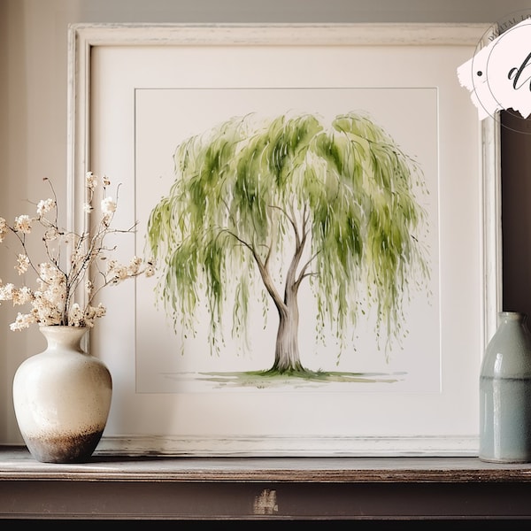 Serene Weeping Willow Tree Watercolor JPG Digital Art Print Printable Wall Art Commercial Use POD High Resolution Stationery DIY Card