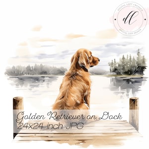 Golden retriever olhando para fora na doca aquarela jpg arte digital impressão de parede uso comercial pod papelaria de alta resolução cartão diy