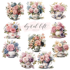 Tazze da tè floreali vittoriane Clipart per cartoleria fai da te carte Junk Journal immagini floreali per Scrapbooking Inviti di fiori per Baby Shower