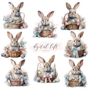 Lot de 8 lapins panier de Pâques PNG, illustration de lapin mignon, décoration de chambre d'animaux, scrapbooking journal indésirable carte bricolage papeterie Invitations