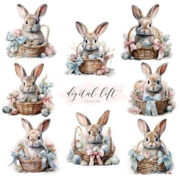 8 PNG Easter Basket Bunny Bundle, Cute Rabbit Illustration, Animal Nursery Decor, Scrapbooking Junk Journal DIY Card Stationery Invitations
