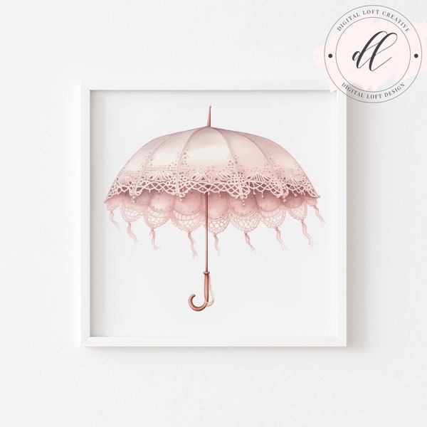 Vintage Victorian Lace Umbrella Digital Print, Shabby Chic Parasol, Victorian Style Illustration, Wall Decor, Instant Download Artwork