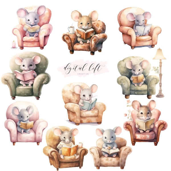 Schattige muis lezen van een boek clipart, schattige muizen kinderkamer beelden, grillige muis illustratie, cadeau voor nieuwe baby, kinderkamer dieren kunst aan de muur