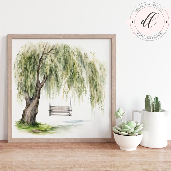 Weeping Willow Wood Swing Watercolor JPG Digital Art Print Printable Wall Art Commercial Use POD High Resolution Stationery DIY Card