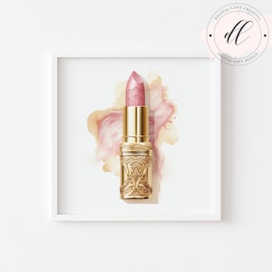 Vintage Gold Lipstick  Illustration, Elegant Gold Makeup Art Print, Beauty Room Decor, Vanity Wall Art, Feminine Digital Download