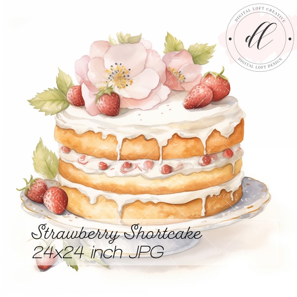 Strawberry Shortcake Printable Watercolor Cake Illustration, Digital Download Kitchen Art, Dessert Wall Decor, Bakery Themed Print JPG