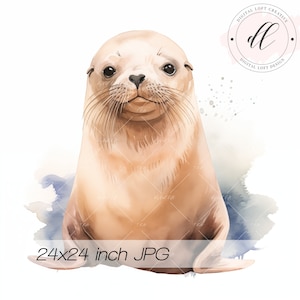 Watercolor Sea Lion Digital Print, Cute Seal Illustration, Nursery Ocean Animal Wall Art, Printable Sea Life Poster, Baby Room Decor