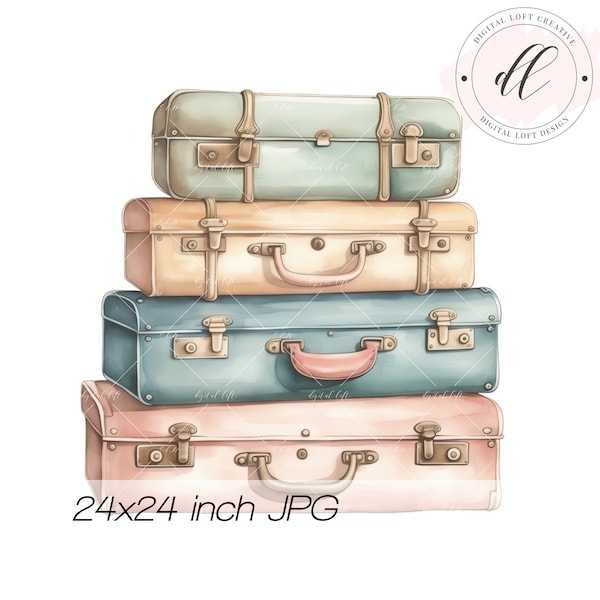 Vintage Suitcase Stack Illustration, Retro Travel Luggage Clipart, Digital Download, Pastel Home Decor Art Print, Love to Travel Gift