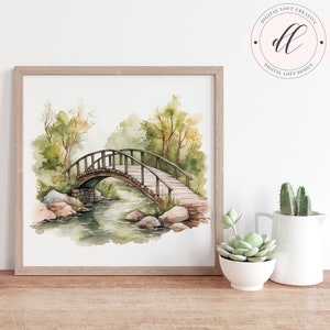 Rustic Wooden Bridge Digital Print, Watercolor Stream Landscape, Nature Wall Art, Tranquil Outdoor Scene, Instant Download Decor