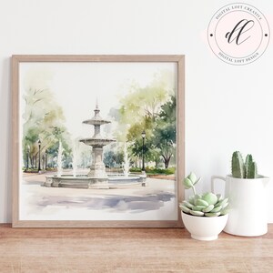 Fonte serena no parque aquarela JPG impressão digital de arte para impressão arte de parede uso comercial POD cartão de papelaria de alta resolução DIY