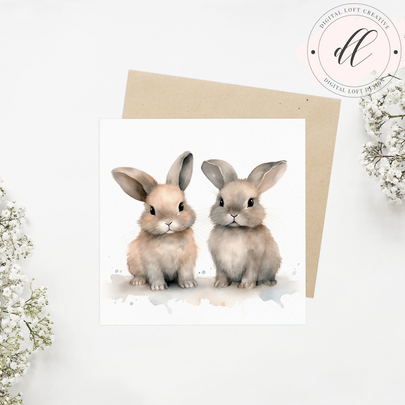 Watercolor Bunny Art Print, Printable Rabbit Wall Decor, Twin Bunnies ...
