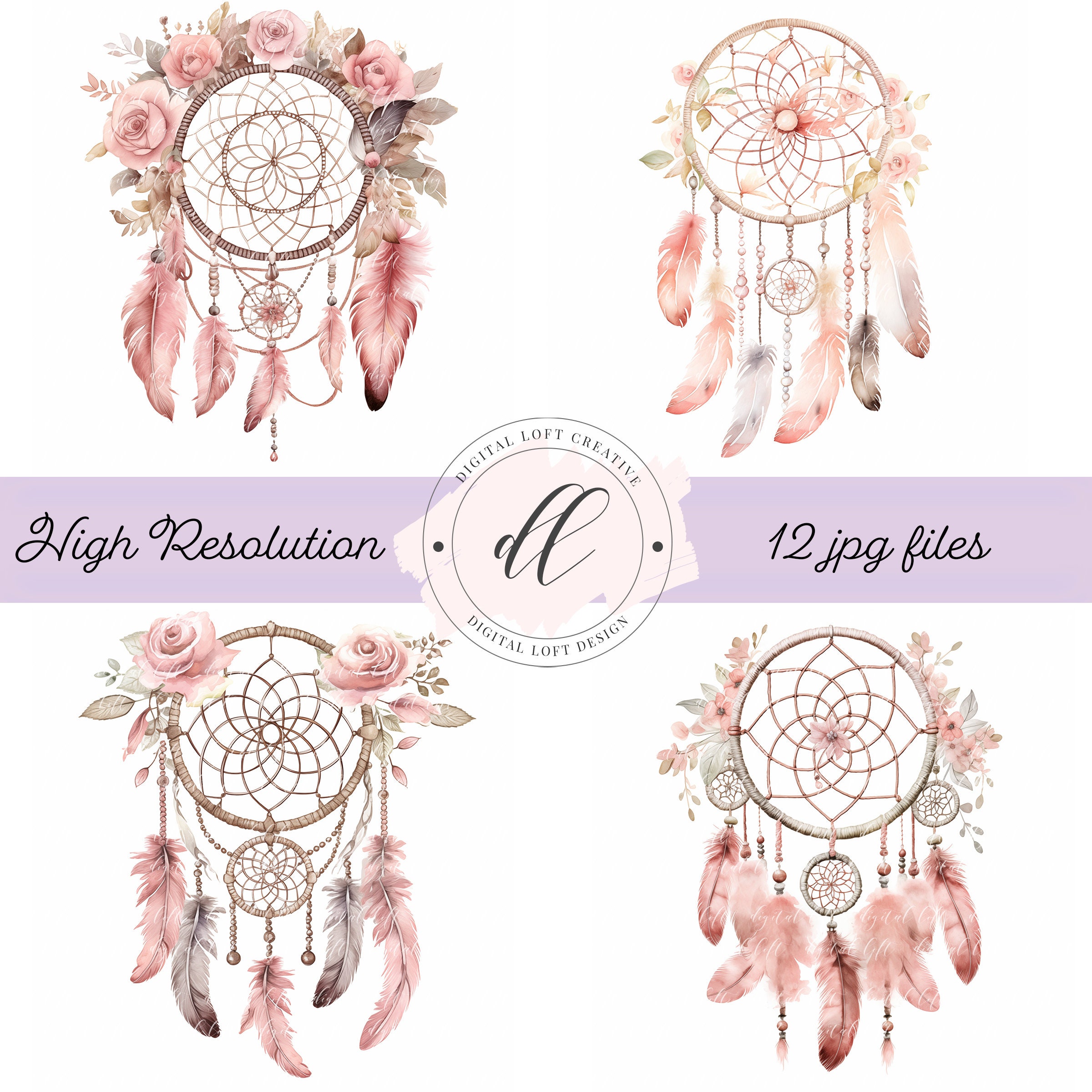Pink Boho Dreamcatchers Watercolor JPG Scrapbook Junk Journal DIY Card ...