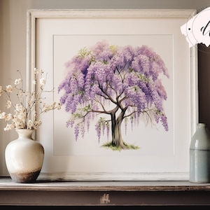 Purple Wisteria Tree in Bloom Watercolor JPG Digital Art Print Printable Wall Art Commercial Use POD High Resolution Stationery DIY Card