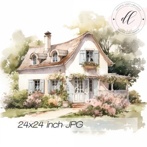Rustiek landhuis aquarel Art Print, digitale download, afdrukbare landhuis kunst aan de muur, shabby chic decor, tuin illustratie JPG