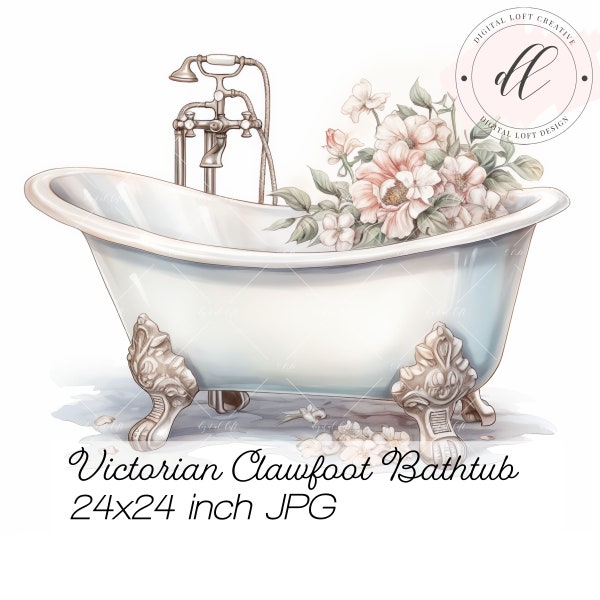 Vintage Victorian Clawfoot Bathtub Watercolor JPG Digital Art Print Printable Wall Art Commercial Use High Resolution Stationery DIY Card