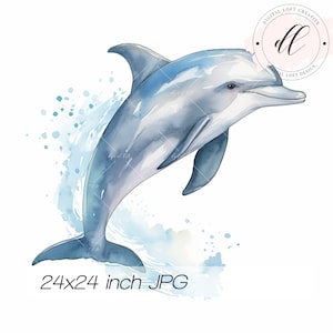 Watercolor Dolphin Artwork, Printable Ocean Animal Wall Decor, Nautical Nursery Digital Download, Coastal Theme JPG,