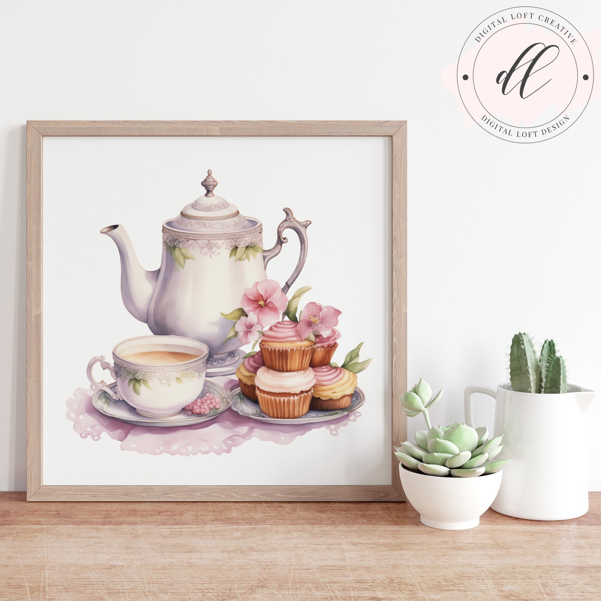 Vintage Teapot and Teacup Digital Print, Floral High Tea Illustration ...