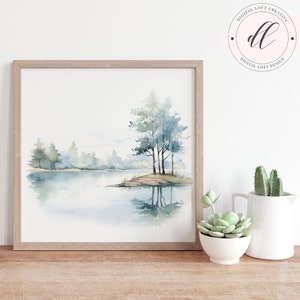 Arte imprimible del paisaje del lago de la acuarela, descarga digital de la naturaleza serena, arte de la pared de la decoración del hogar, cartel del paisaje del bosque, agua tranquila y pacífica JPG