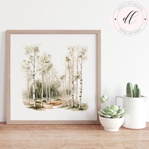 Watercolor Forest Birch Trees Digital Print, Nature Inspired Wall Art, Serene Landscape Printable, Home Decor, Instant Download Artwork JPG