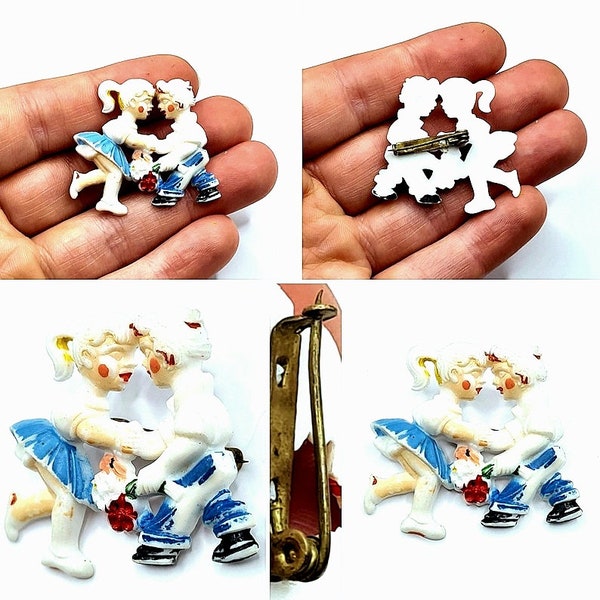 Original 1930s/40s Early Plastic Carved/Moulded Celluloid Figure Little Girl and Boy Playing Dancing Brooch!