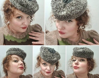 Original 1930s/1940s Grey Velvet and Astrakhan Topper Tilt Hat!