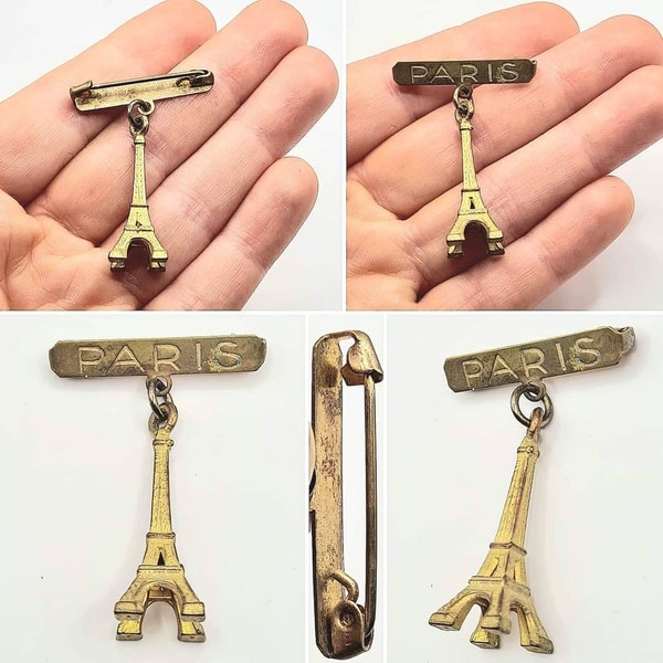 Original 1940s/50s Brass/Goldtone Metal Bar Brooch with the word ‘Paris’ and a hanging Eiffel Tower Charm!