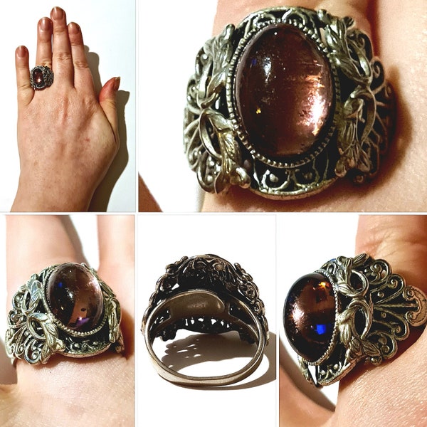 Original 1930s Art Deco Czech Purple Faceted Glass Silver Tone Filigree Ring!