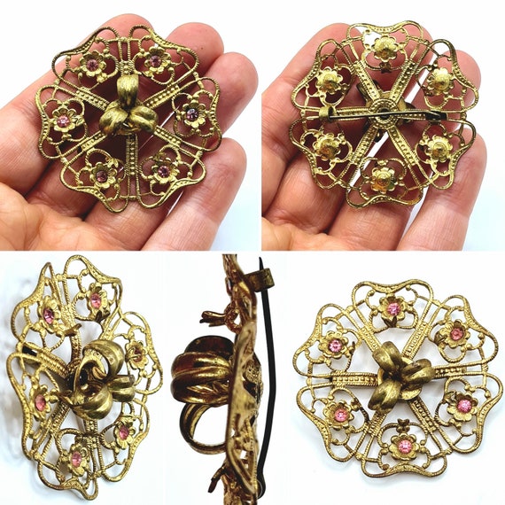 Original 1930s Czech Gold Tone Filigree Pastel Pi… - image 1