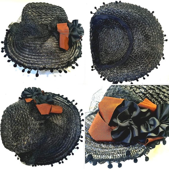 Original 1930s/40s Black Straw Halo Hat/Bonnet wi… - image 2