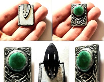 1910s/1920s Style Arts and Crafts Ruskin Art Nouveau Celtic Hammered Metal Dress Clip with Green Cabochon!