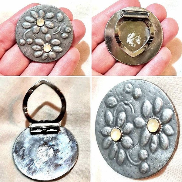 1910s/1920s Style Arts and Crafts Ruskin Art Nouveau Hammered Metal Dress Clip with Lemon Yelloe Cabochons!