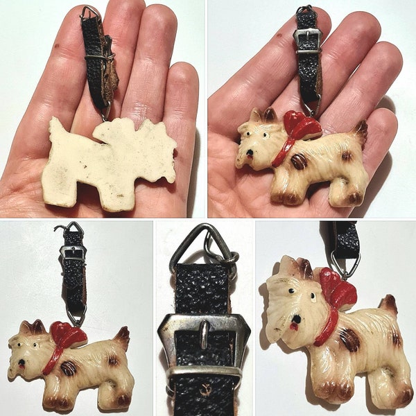 Original 1930s/40s Early Plastic Art Deco Carved/Moulded Celluloid Dangly Scotty Dog Brooch!