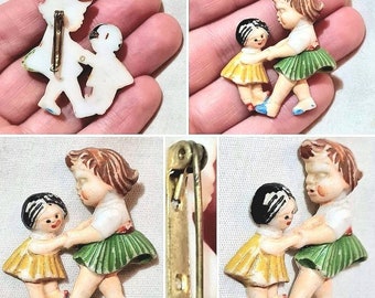 Original 1930s/40s Early Plastic Carved/Moulded Celluloid Figure Little Girls Playing Dancing Brooch!