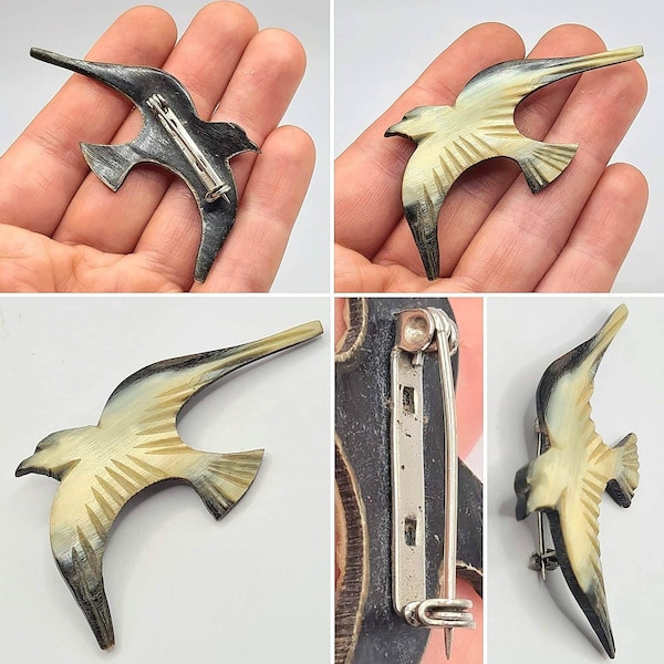 Broche originale d'oiseau d'hirondelle de corne d'art déco en plastique sculpté au début des années 40/50 en celluloïd !