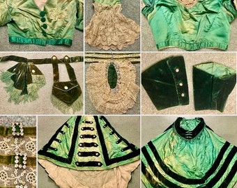 Original Late 1860s Arsenic Green Silk and Velvet SEVEN Piece Military Scarlett O’Hara Gone With the Wind Ensemble Dress!