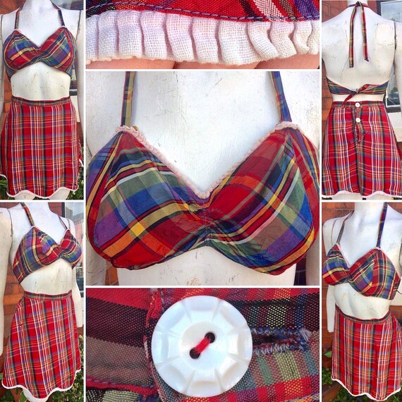 SUPER Cute Original 1940s Red Plaid Halter Neck Bi