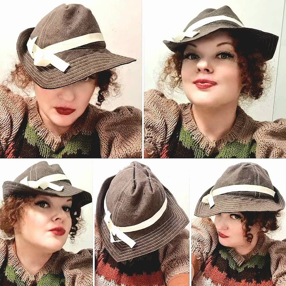 1930s Style Reproduction Brown Felt Tilt Hat with… - image 1